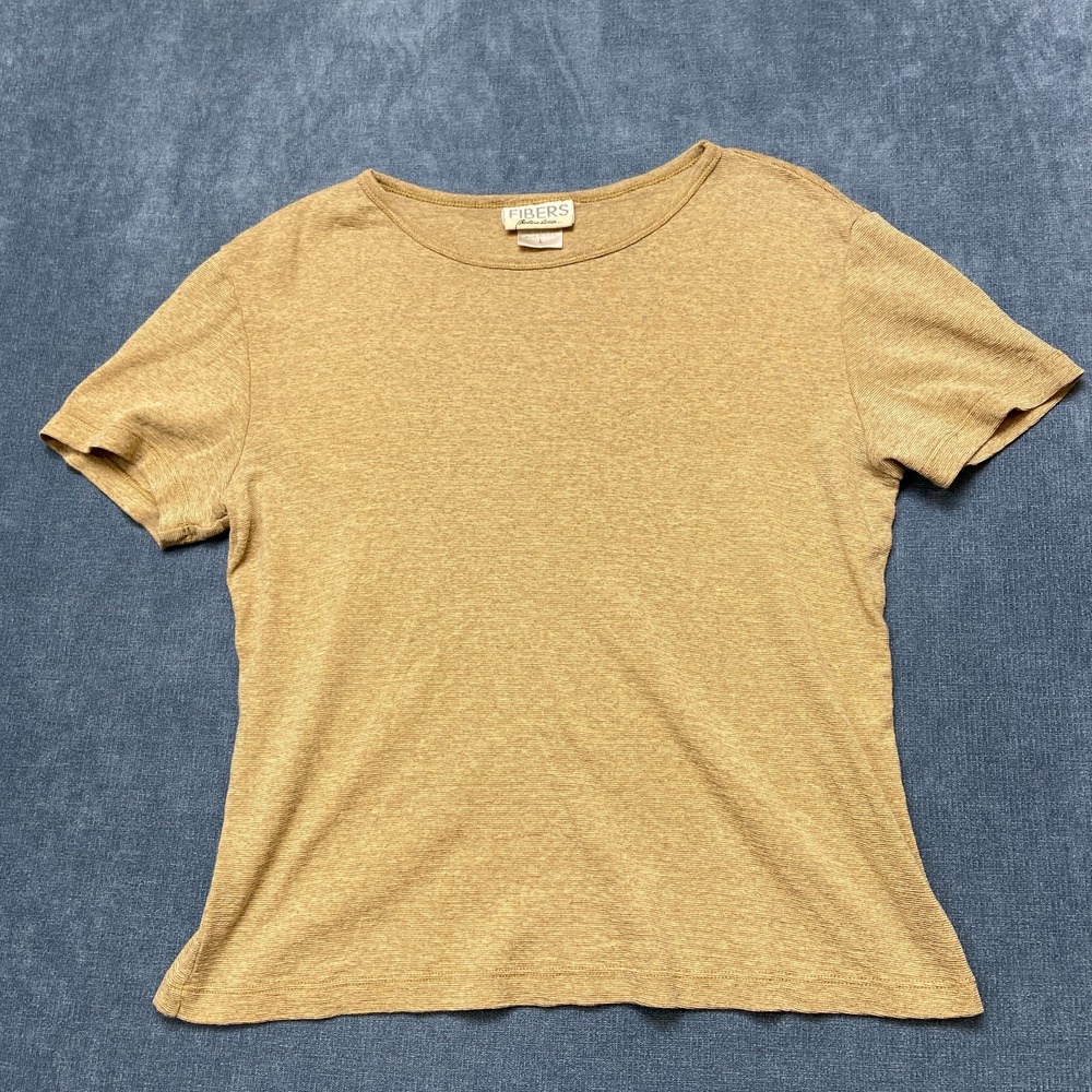 Fibers Barbara Lesser Knit Top Women Large Beige Scoop Neck Outdoor Short Sleeve